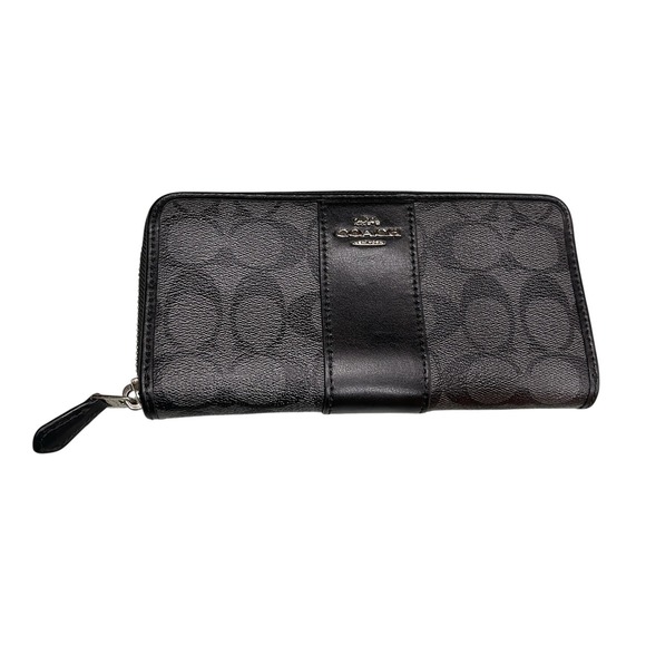 Coach Signature Canvas Leather Black Accordion Zip Around Long Wallet Black - Picture 1 of 8